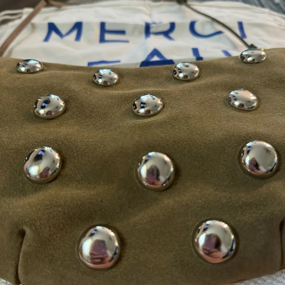 CLARE V Lune Shoulder Bag Oat Suede with Studs Studded Handbag NWT - Picture 2 of 5